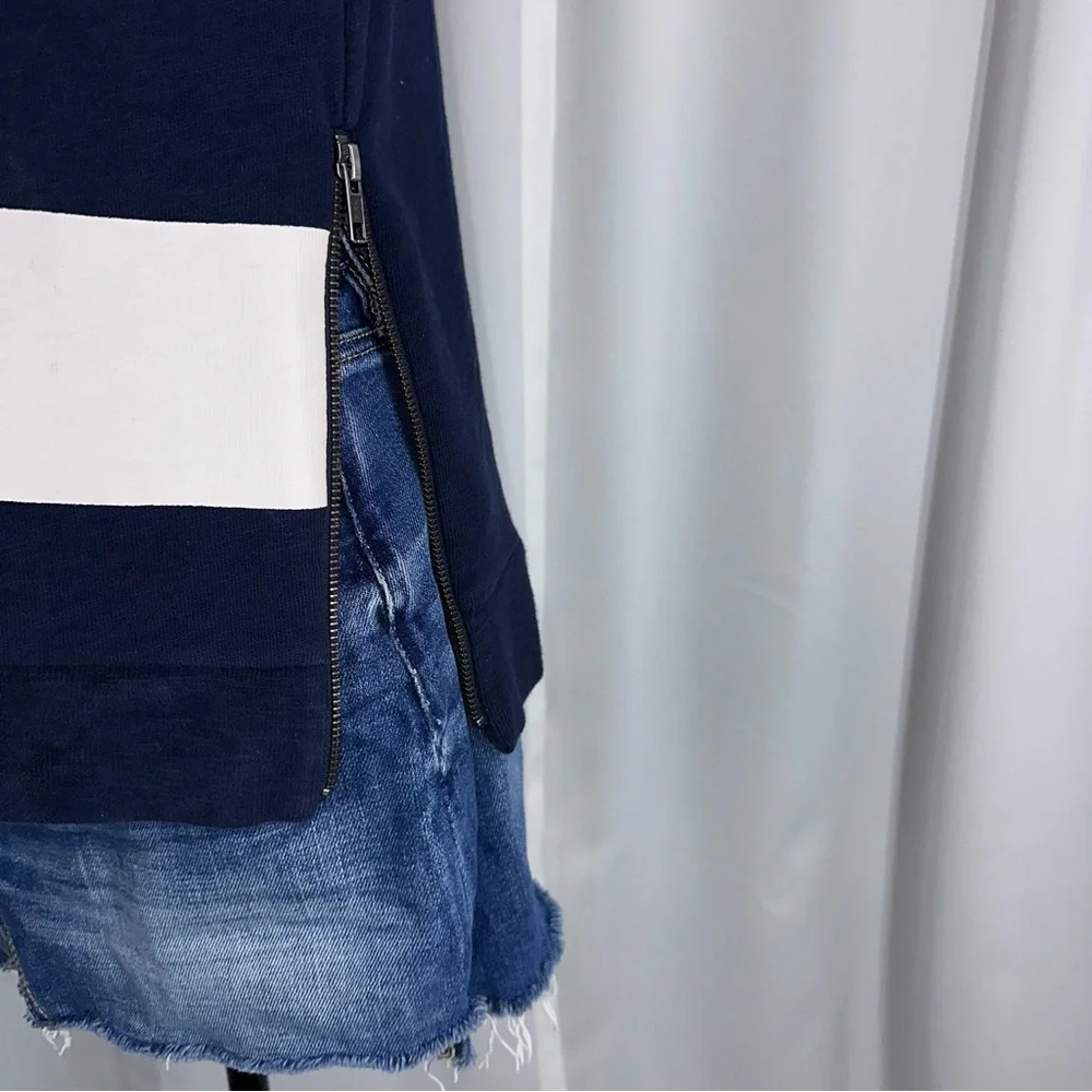 J Crew French Terry Pullover Top Navy White Bold‎ Stripes Side Zipper Nautical M